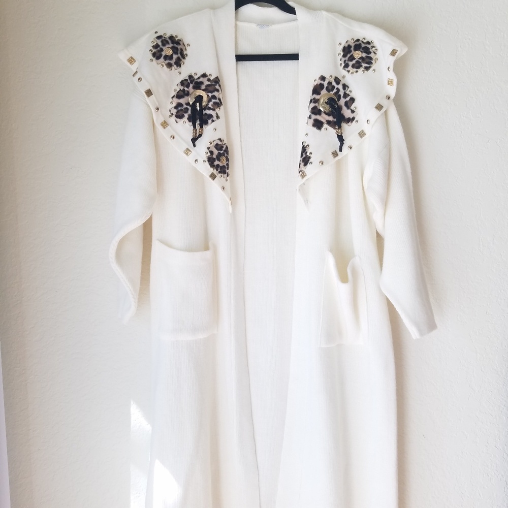Long Line Vintage White Leopard Tassel Cardigan